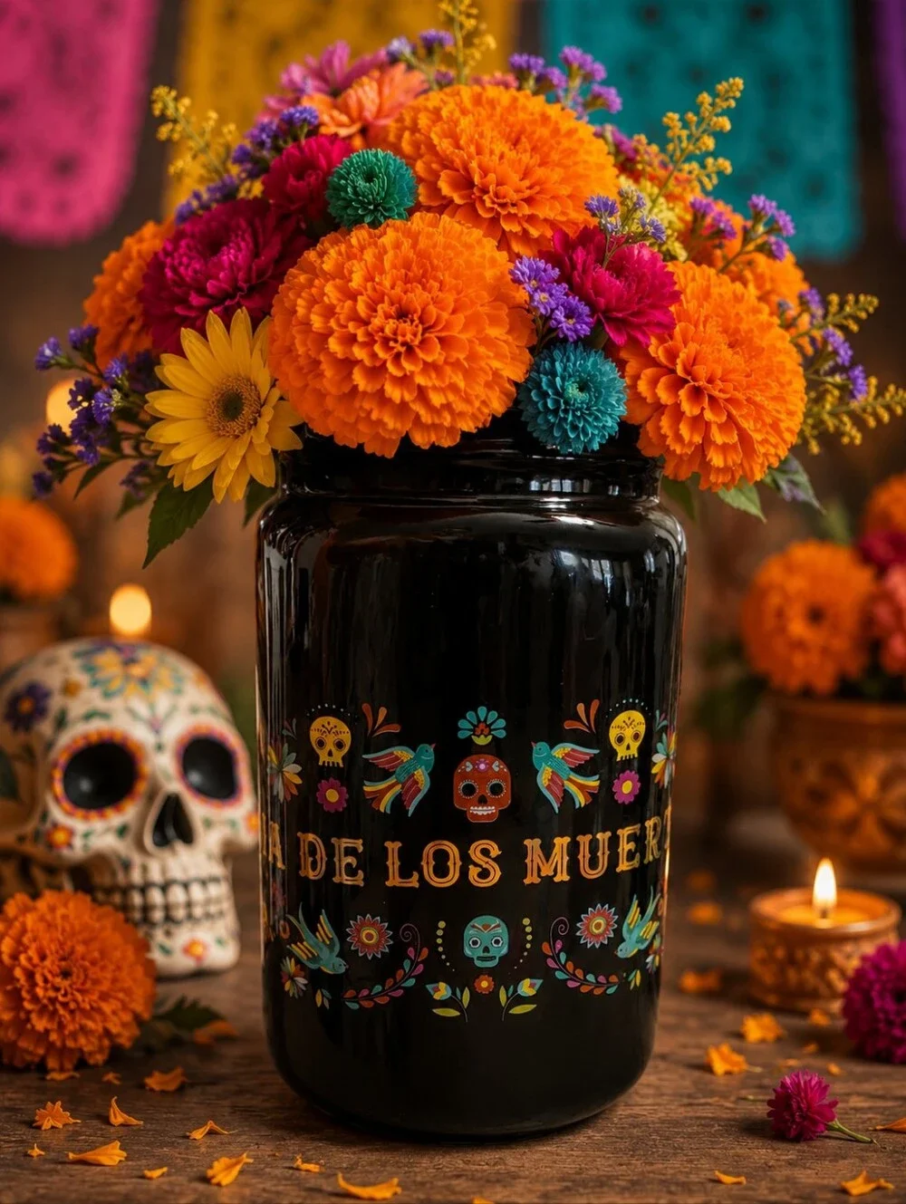 Dia de los Muertos Ceramic Mason Jar Vase/ Decor